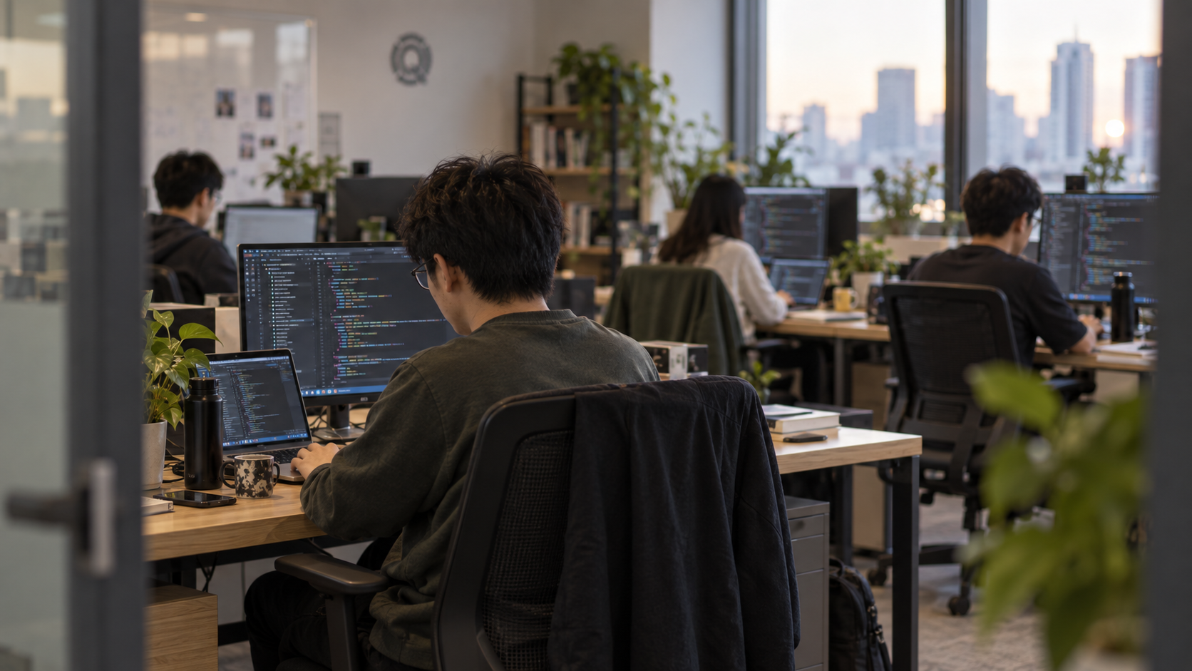 Developer coding at dual monitor workstation